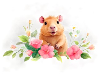 Cute capybara, hamster, guinea pig with bouquet of flowers, watercolor illustration, png on transparent background