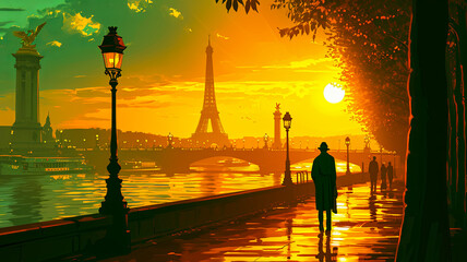 A man walks along a bridge near the Eiffel Tower. The sun is setting, casting a warm glow over the...