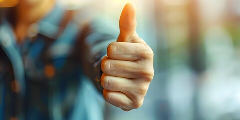 A closeup shot of a hand giving a thumbs up gesture representing positive feedback successful social media engagement and productive data analytics - obrazy, fototapety, plakaty