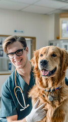 A man in a green lab coat is holding a dog. The dog is brown and he is happy