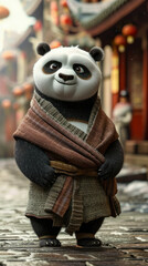 A cartoon panda is wearing a brown robe and standing on a street. The panda is smiling and he is...