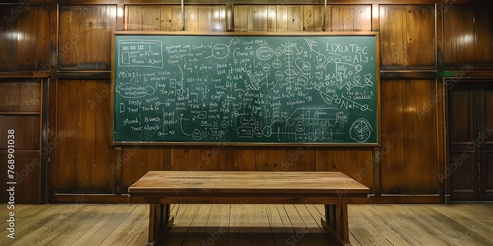 Poster complex mathematical equation displayed on a chalkboard in a classroom environment