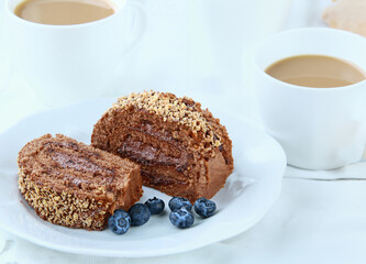 chocolate roll with fresh berries for dessert