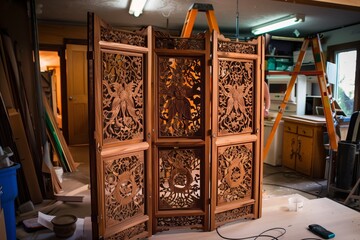 a carved wooden screen room divider being erected