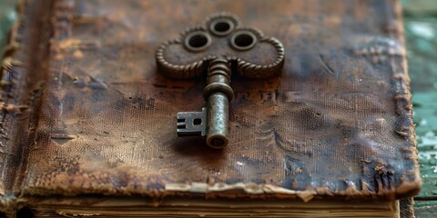 Antique Locked Diary with Small Metal Key on Aged Wooden Surface Suggesting Personal Reflections and Secrets of the Past