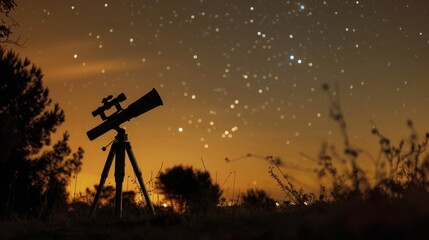Star Gazing at Twilight With a Telescope in a Field