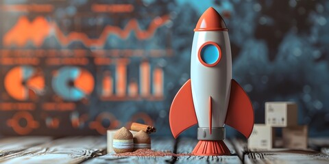 Rocket Ship Beside Quarterly Figures Symbolizing Soaring Sales and Business Growth with Copy Space