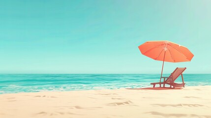 Beautiful wide panorama of tranquil beach scene with white sand, lounge chairs, and umbrella - ideal travel and tourism banner background, relaxation concept
