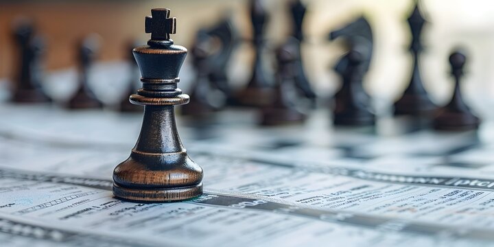 Close-up of a black chess piece a rook moving forward on the surface of a financial newspaper This image symbolizes the strategic