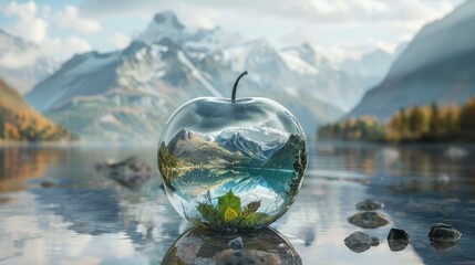Generate an imaginative prompt featuring a glass apple with landscape mountain