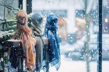 winter hijabs in cool tones on a stand with a snowy window scene - obrazy, fototapety, plakaty