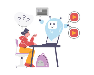 Schoolgirl with laptop studying with chat bot, online ai robotic assistance on the screen, vector digital education