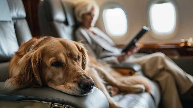 Close-up portrait of family dog relaxing on arm of chair in private plane cabin, with older woman engaged with tablet in background