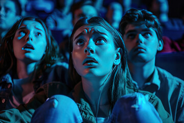 Students watching a thrilling scene at the cinema
