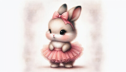 A charming illustration of a bunny in a pink dress, with a detailed bow and sweet expression, set against a soft, pastel background, embodying warmth and cuteness.