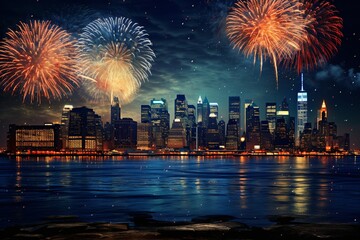 Obraz premium Fireworks over city skyline reflecting on water