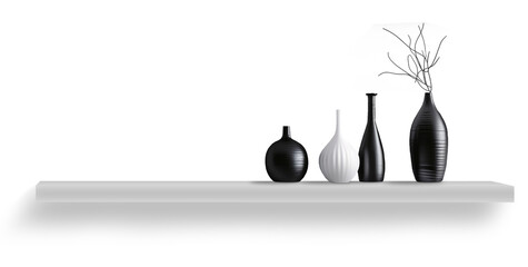 Various vases of different shapes and sizes adorn a modern interior's wall shelf.. A faint shadow is added under the shelf for 3d illusion. Transparent png, add your own background. - 768902826