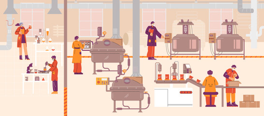 Scene of workers and production line of a cosmetic factory.