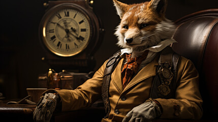 A fox is sitting in front of a clock. The fox is wearing a suit and tie
