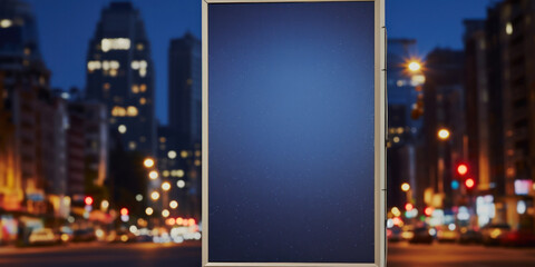 Large vertical empty billboard on a night city background. Empty space for product placement or advertising text.