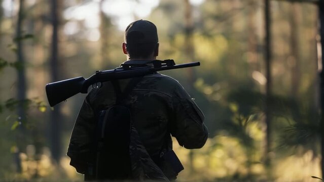 The silhouette of a hunter against the background of the forest. The hunter holds a rifle on his shoulder