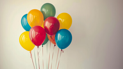 A bunch of colorful balloons are tied together. The balloons are in various colors, including red, yellow, and blue. The balloons are arranged in a way that they are all facing the same direction