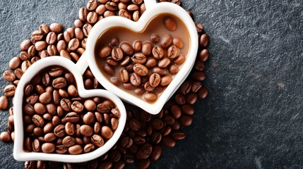 Foto op Plexiglas anti-reflex Two white bowls filled with coffee beans and a heart shaped bowl © Дмитрий Симаков