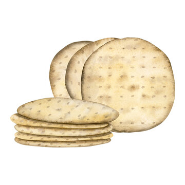 recommend clip art: Round Passover matzah bread in stacks watercolor illustration isolated on white background. Traditional Pesach kosher food, hand drawn Jewish matzos for holiday designs