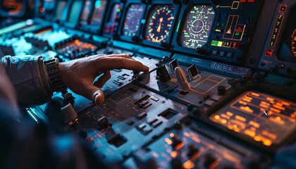 An engineer's hands meticulously calibrate avionics in a spacecraft cockpit, illuminated control panels in view. - obrazy, fototapety, plakaty