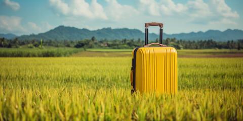 A yellow travel suitcase stands on a green rice field. Vacation concept with hand luggage in tall grass with tropical landscape. - obrazy, fototapety, plakaty