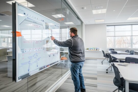 A person presenting on a digital whiteboard in a modern office meeting room. a teacher writing on a white smartboard in a modern classroom