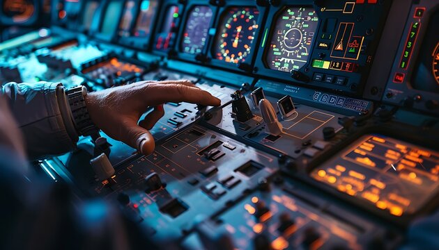 An engineer's hands meticulously calibrate avionics in a spacecraft cockpit, illuminated control panels in view.