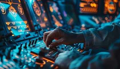 An engineer's hands meticulously calibrate avionics in a spacecraft cockpit, illuminated control panels in view.