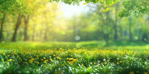Obraz premium Spring field with fresh nature. Green spring meadows with blurred forest in the background.A beautiful spring summer meadow. Natural colorful panoramic landscape with many wild flowers of daisies