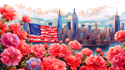independence day, american flag on the background of flowers and skyscrapers of new york, watercolor illustration, png on transparent background