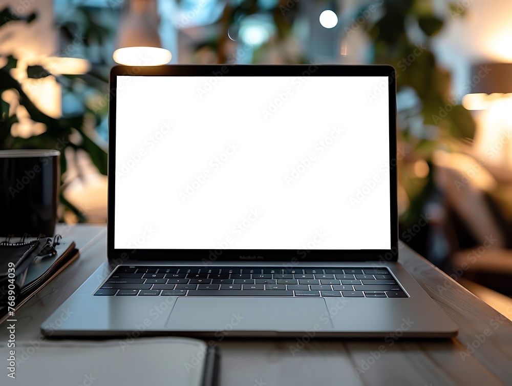 Poster a clean white desk with an open laptop screen as the focal point, showcasing an ultra-realistic edit