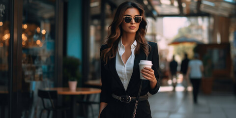 A stylish business lady with a disposable cup of coffee in her hand leaves a cafe or restaurant. - Powered by Adobe