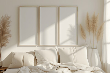 Frame mockup, ISO A paper size. Four vertical frames on the wall interior mockup. Interior mockup with house background. Modern interior design. 3D render