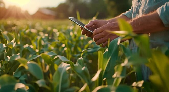 Farmer In Cornfield Using Tablet For Sustainable Farming Practices, Modern Agricultural Technology