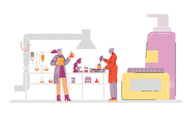 Cosmetics production industry, vector laboratory with scientist or pharmacist creates cosmetic care products process