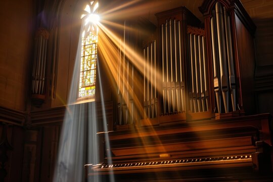 sun rays peering through a window onto a pipe organ