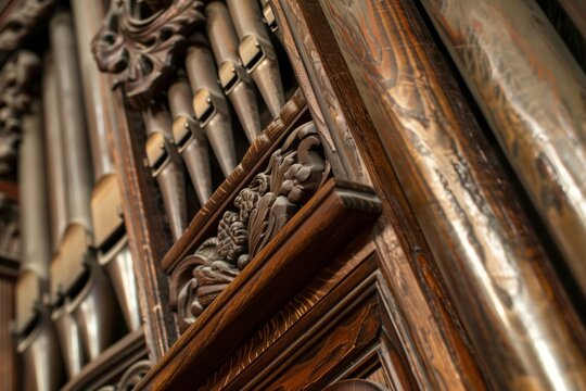 closeup of aged wood and intricate carvings on a pipe organ