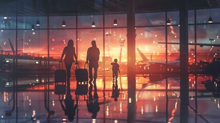 Silhouette family adventure: exploring the airport terminal together in warm glow - obrazy, fototapety, plakaty