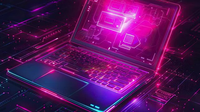 Futuristic illustration about computer technology with a laptop in neon colors. 4k. hd