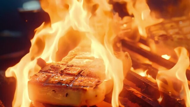 Grilled halloumi cheese on a flaming grill, barbecue party