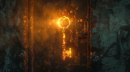 A glowing key suspended in mid-air, door hidden in shadows - obrazy, fototapety, plakaty