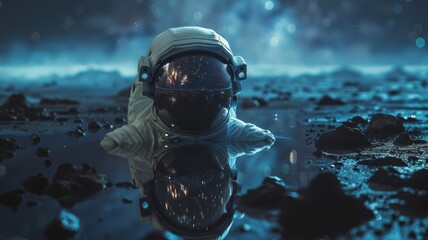 A lone astronaut's helmet reflecting a forgotten planet