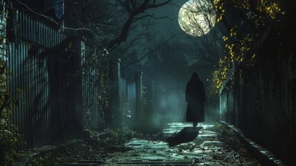 A mysterious figure casting a long shadow in a moonlit alley