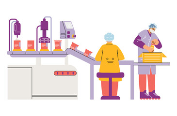 Cosmetics production industry, vector cartoon moving conveyor line with bottles and operator workers, packing in boxes