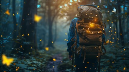 Backpack opening to release a flurry of glowing fireflies - obrazy, fototapety, plakaty